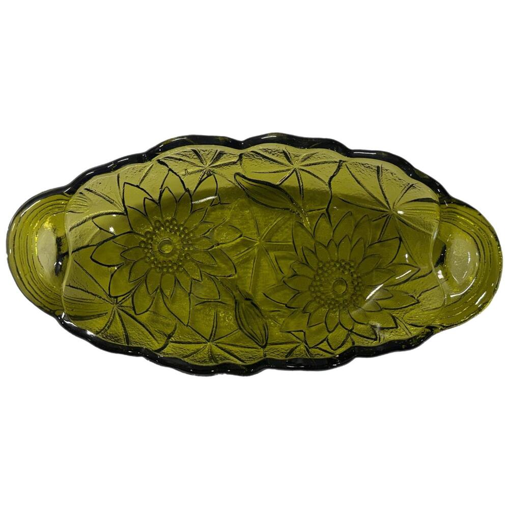 Vintage 1960s Indiana Glass Lily Pon Avocado Green Relish Dish Handles Flowers